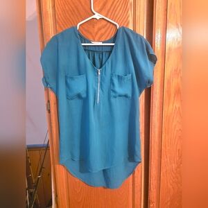 Caramela Teal Zip-Front Blouse Short Sleeve Top Size Medium